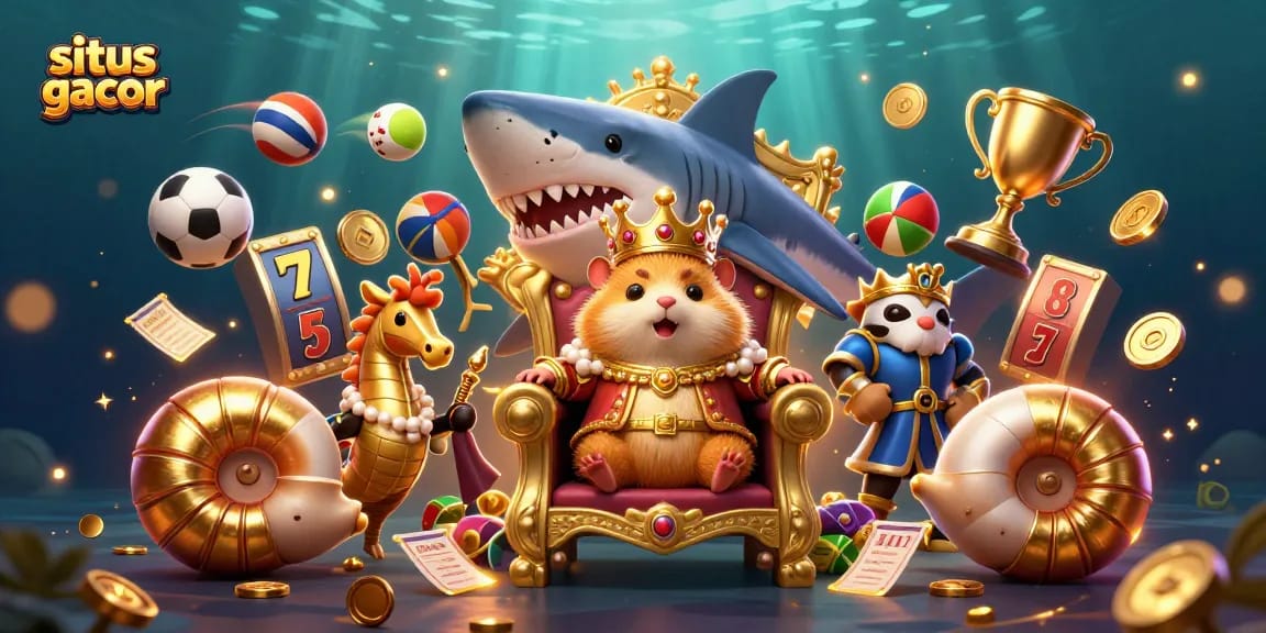 Experience thrilling gameplay at situs gacor with the golden hamster king amidst winning symbols in a vibrant casino scene.