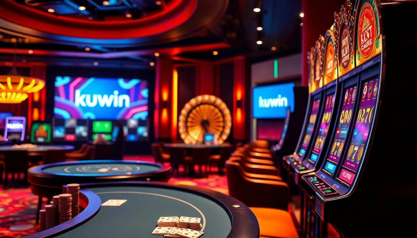 kuwin logo illuminated on a luxurious casino gaming table filled with poker chips and cards