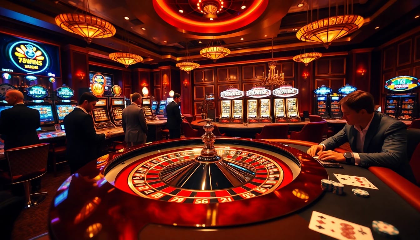 Players engaging in a thrilling game at 78WIN casino, featuring roulette and poker tables.