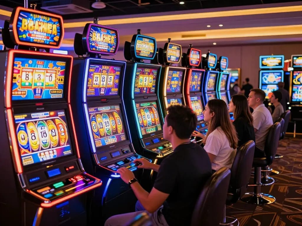 A lively slot machine area where players engage with Agen Slot displays and colorful gaming machines.