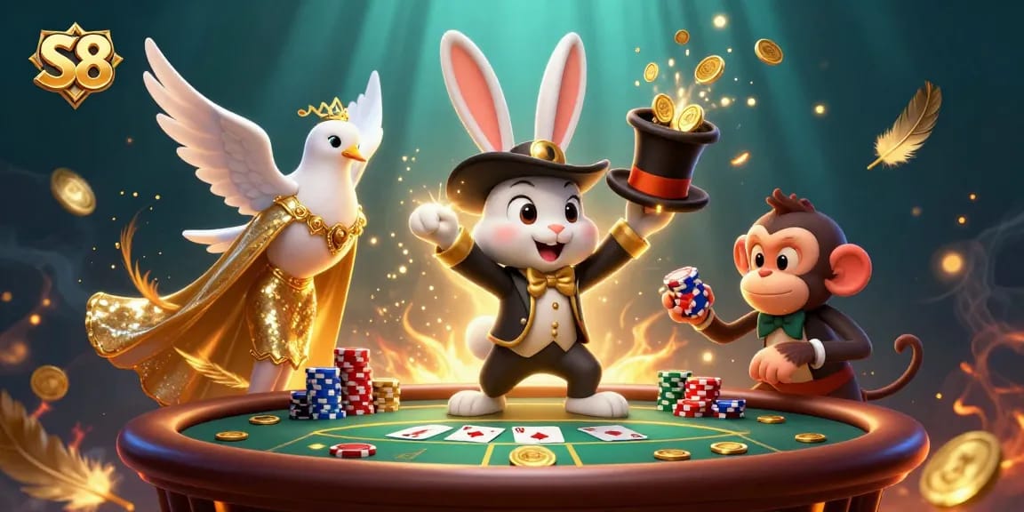 S8 strategies abound as a magician rabbit conjures poker chips, enhancing casino thrill.