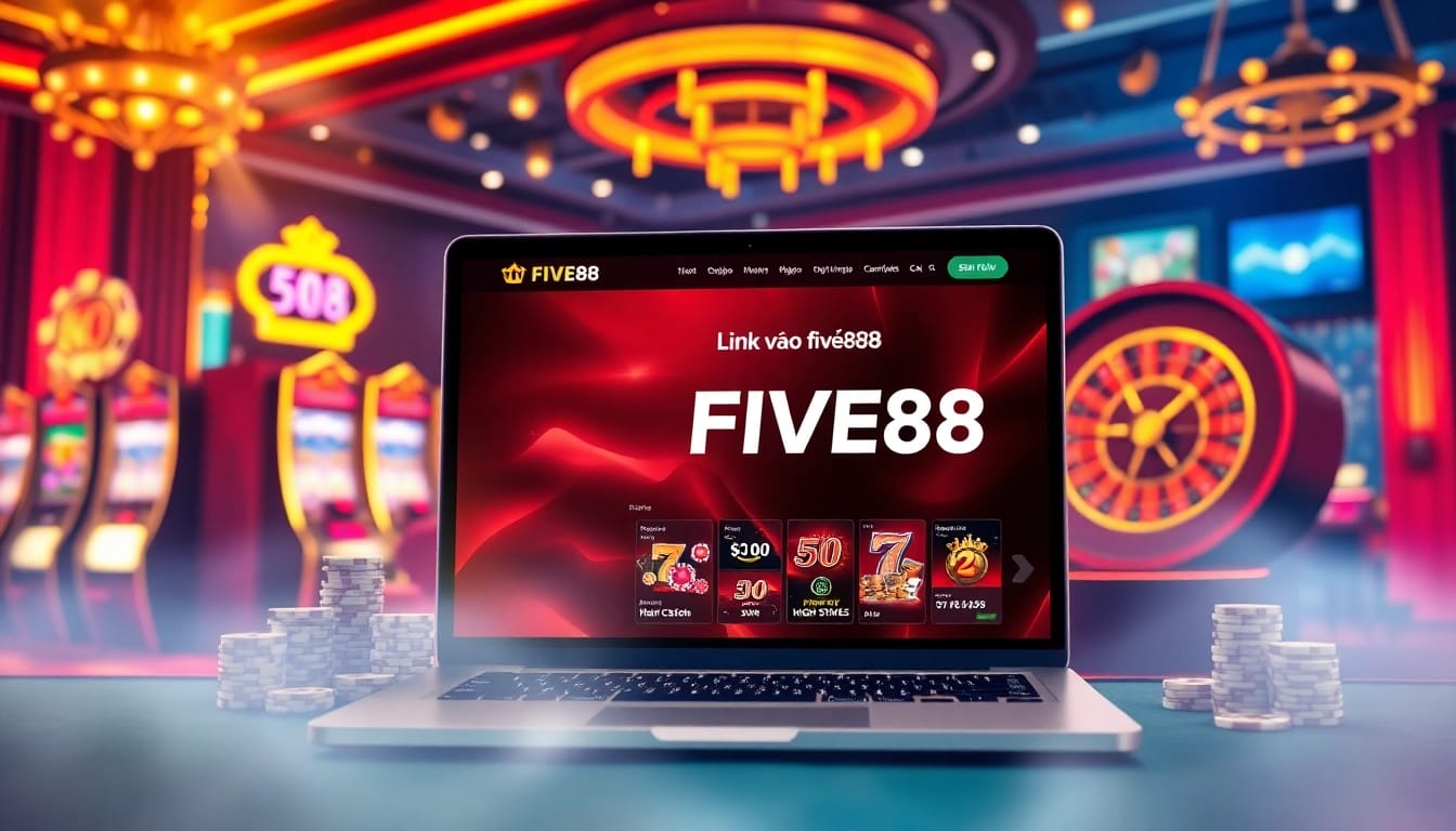 Gambling excitement at link vào five88, featuring slots, chips, and a stunning casino interface.
