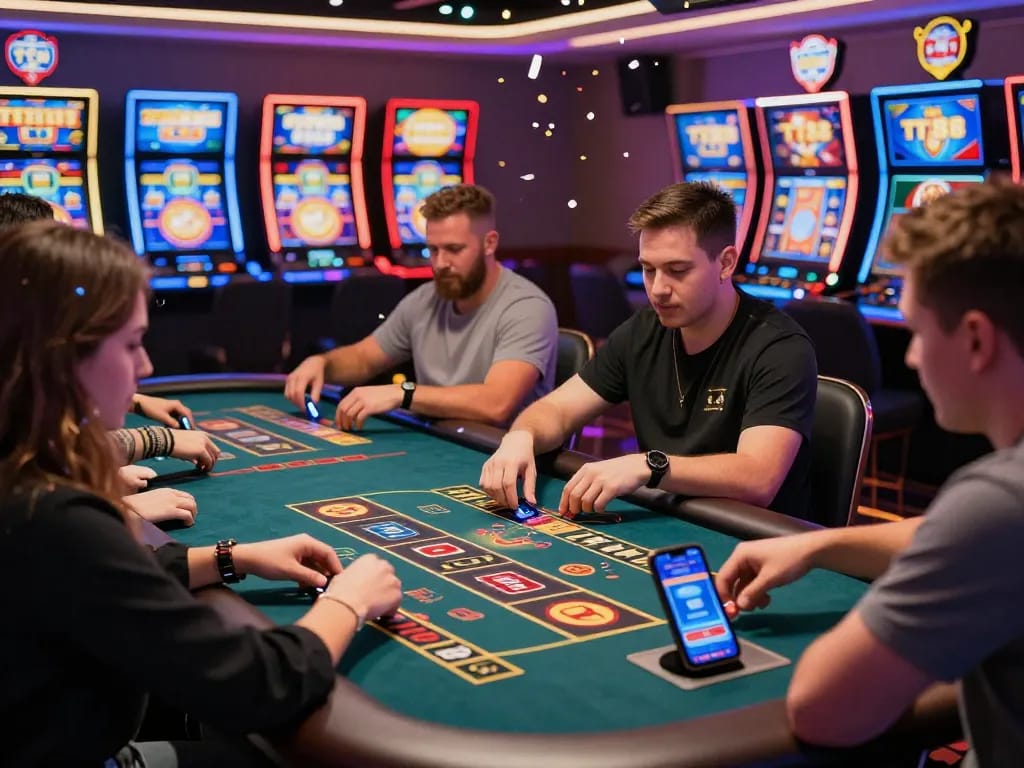 Exciting online gaming experience with diverse players enjoying TT88 with live dealer games and vibrant slot machines.