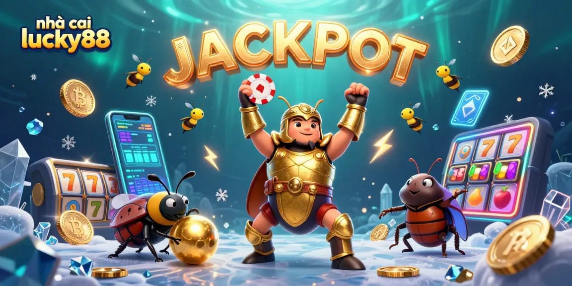 nhà cái lucky88 showcases a victorious beetle celebrating a big win in vibrant casino scene with crypto elements.