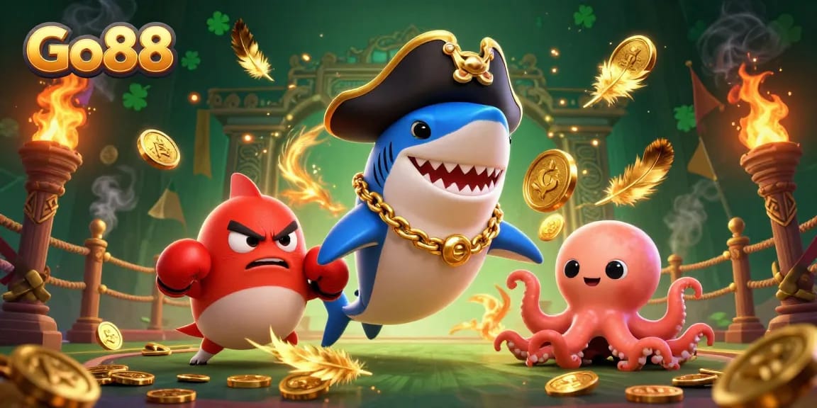 Experience thrilling gameplay with Go88, featuring a pirate shark, pufferfish, and octopus in an energetic casino scene.