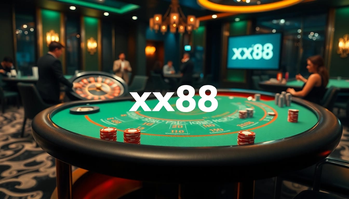 Action-packed scene showing players at the xx88 casino table with poker chips and a roulette wheel.