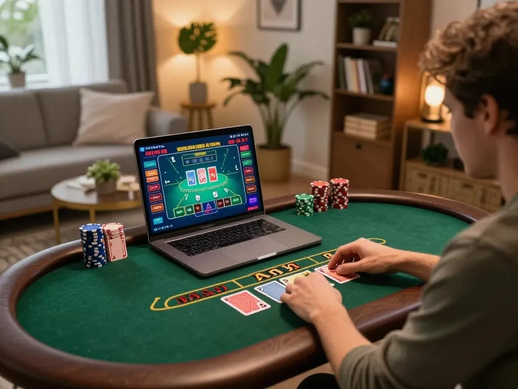 Engaging in a strategic live dealer blackjack session on go89 from a cozy home setup.