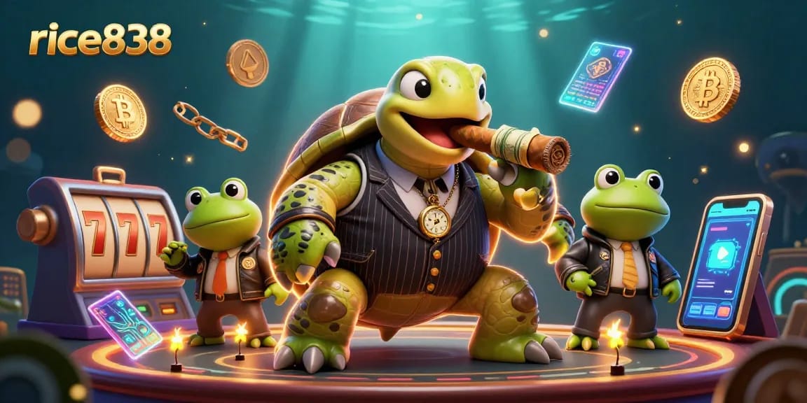 Engage with rice838's dynamic gaming world featuring an animated turtle and casino elements.