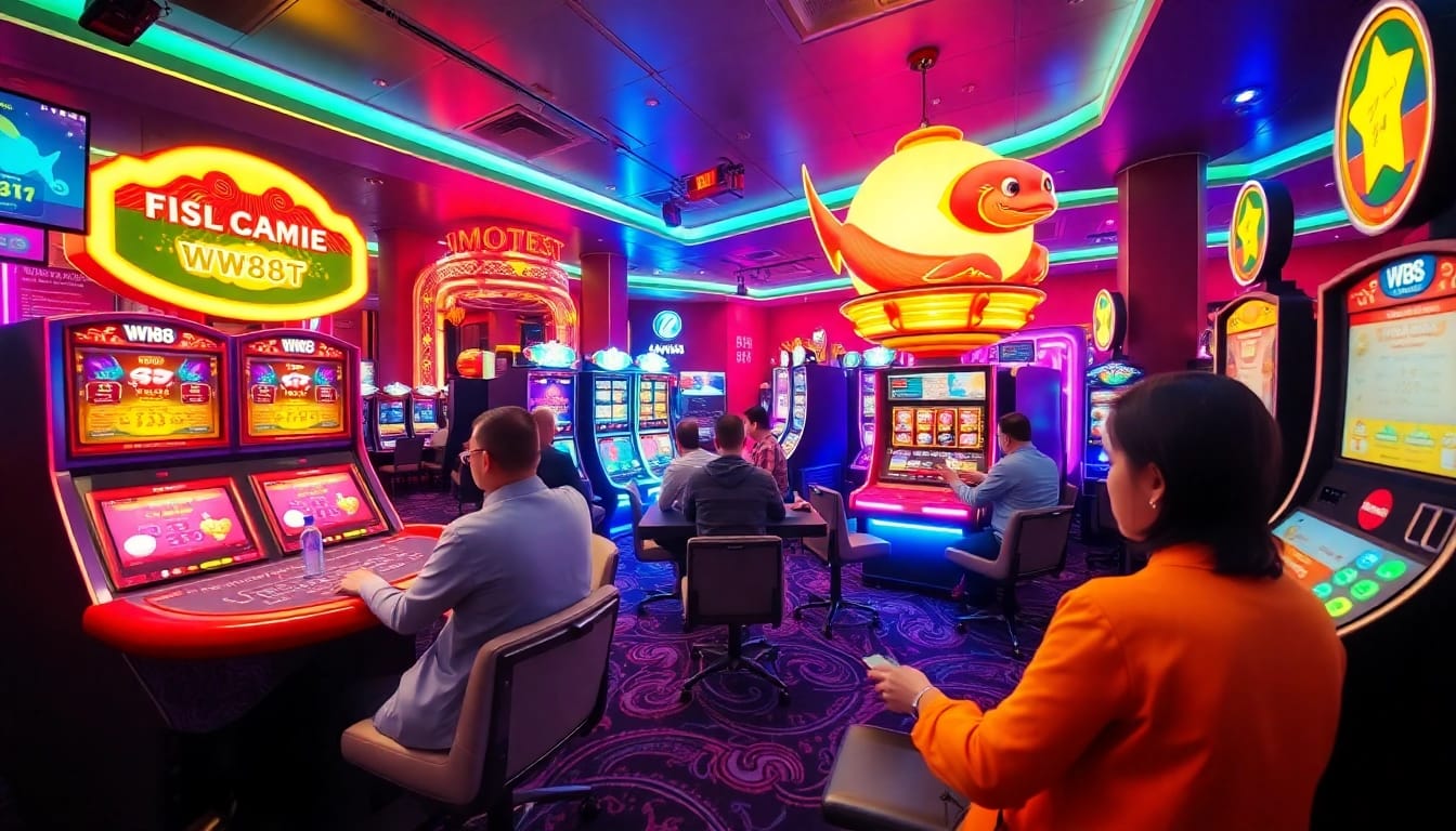 Exciting gaming scene at WW88 with baccarat tables and colorful slot machines.