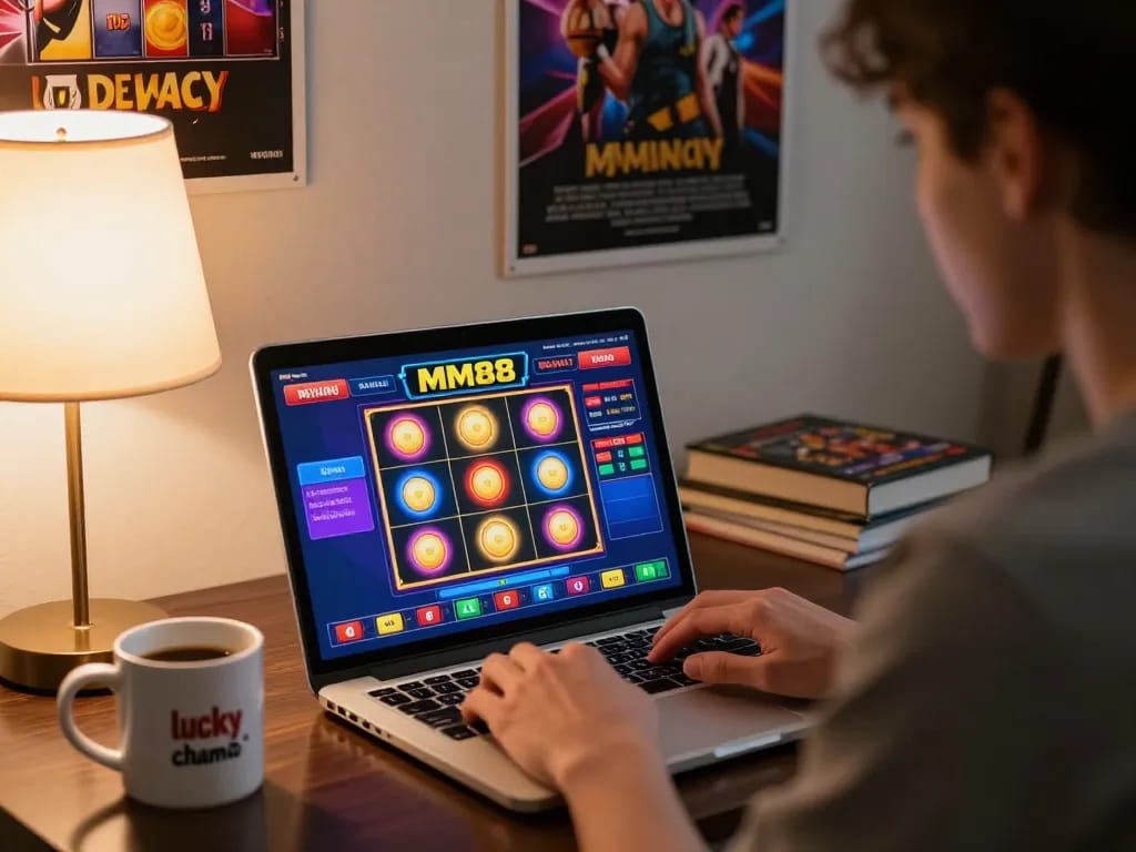 Player enjoying MM88 online slots from home, showcasing a warm gaming atmosphere and strategic engagement.