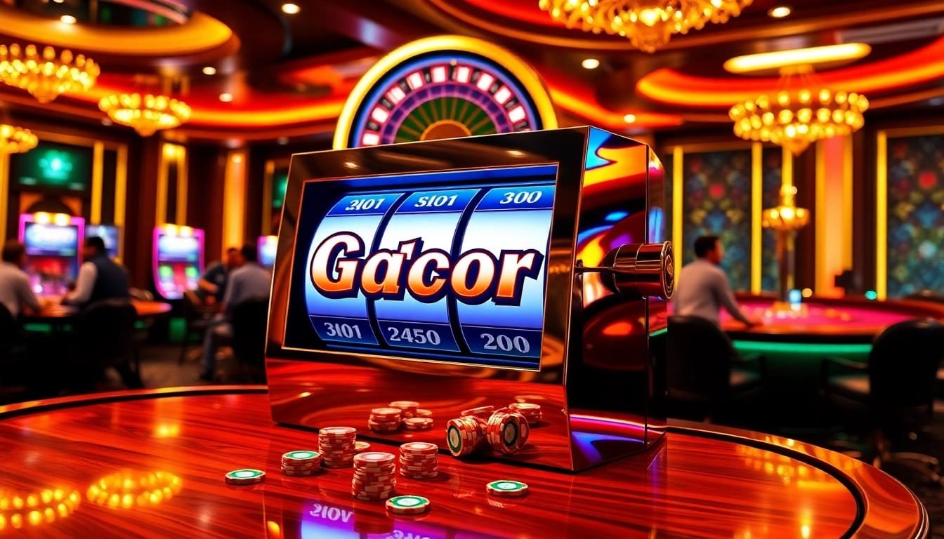 Experience the excitement of slot gacor with a luxurious casino scene featuring vibrant slot machines and engaging players.