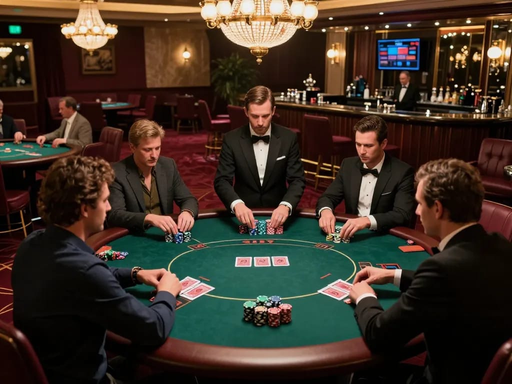 O8 players strategizing in a high-stakes poker game at a luxurious casino