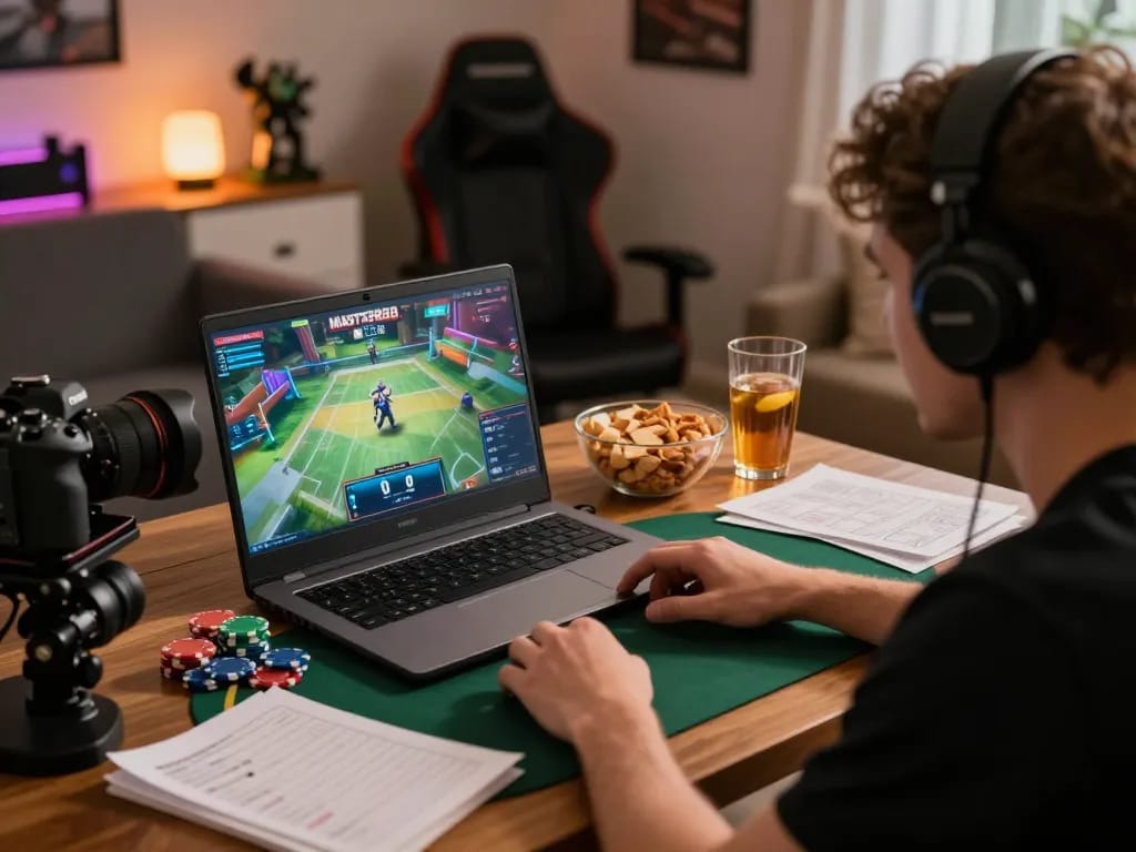 Bergabung dalam permainan online MASTER88, dengan seorang gamer yang fokus pada strategi di rumah.