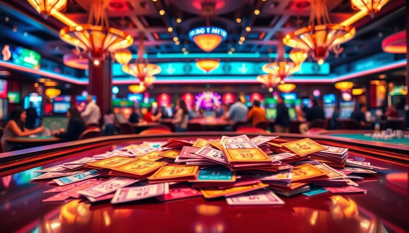 Engaging Nova88 lottery scene showcasing colorful tickets and a lively casino atmosphere.