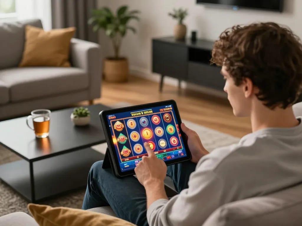 Engaging moment at home utilizing a slot bonus to maximize gaming experience.