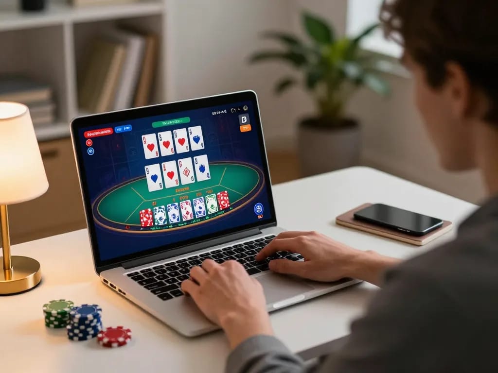 Engaging online blackjack gameplay on laptop highlighting gacor slots and cards with warm ambient lighting