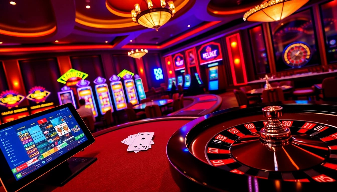A vibrant casino scene at https://nk88vip.it.com/, showcasing poker action, glowing slot machines, and an elegant roulette wheel.