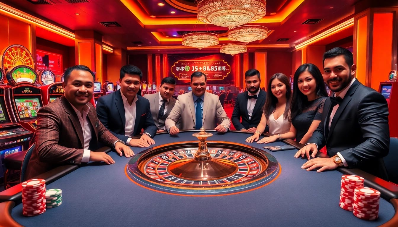 Exciting scene of a stylish casino featuring poker games, roulette, and the keyword j88, illustrating high-stakes gambling.