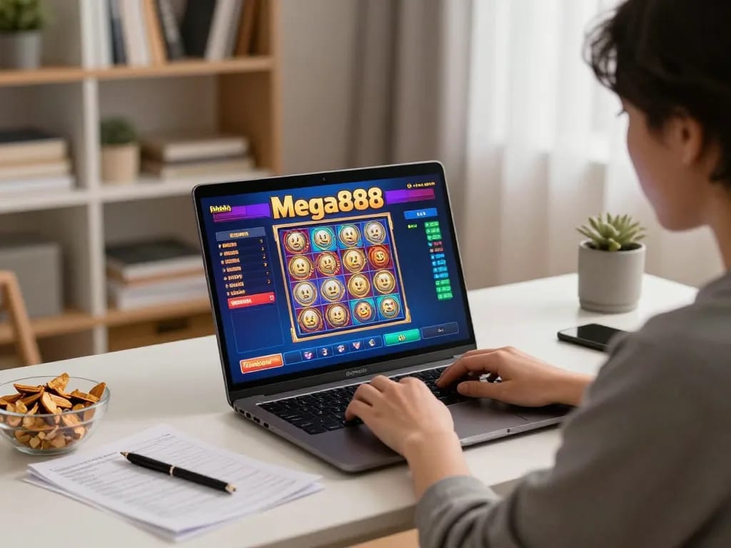 Pemain yang terlibat menikmati Mega888 hari ini di laptop, menunjukkan pengalaman permainan dalam talian yang menarik.