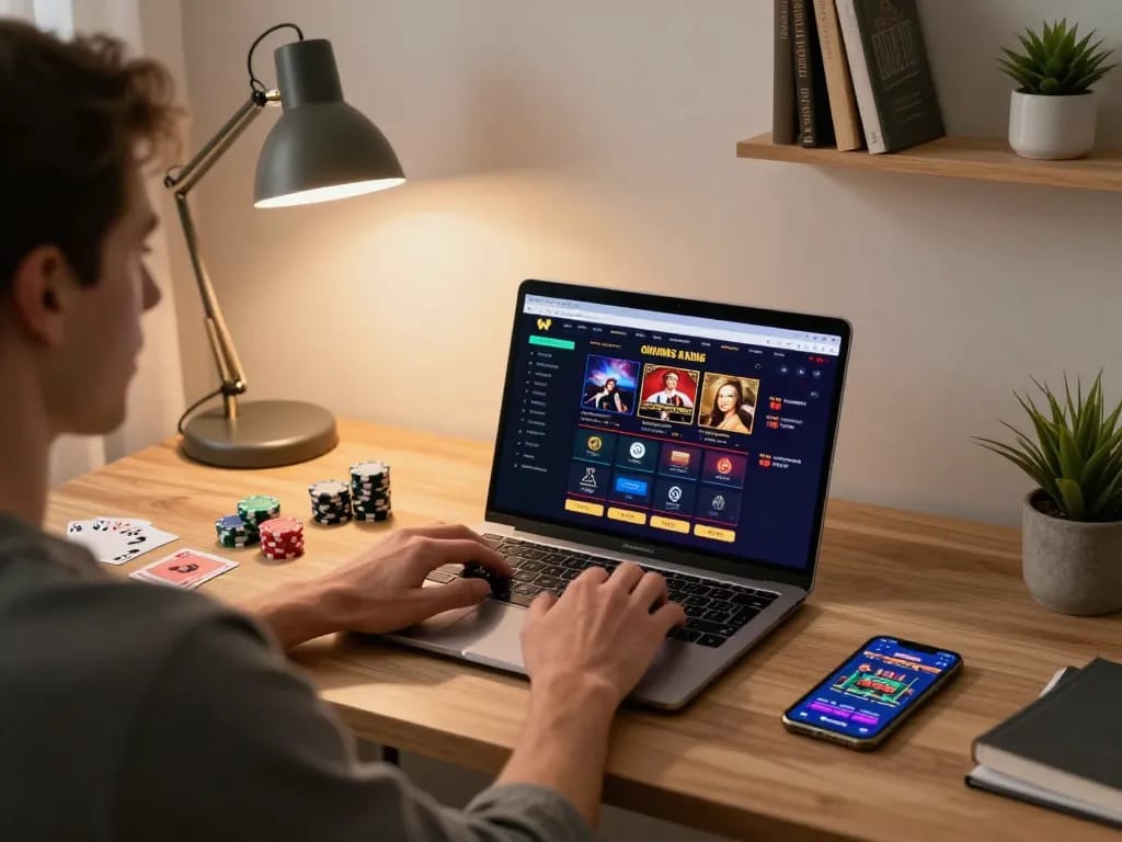 Engaged player exploring non gamstop casinos on laptop in a cozy home gaming setup