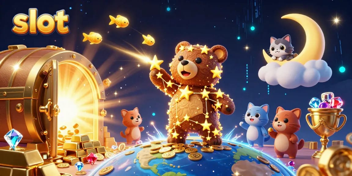 Menangkan slot dengan karakter beruang bintang mengumpulkan koin dalam ilustrasi kasino megah.