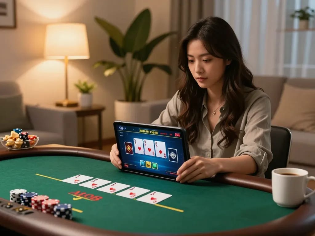 Engaged player enjoying live poker on ALO8 tablet in a cozy home setting