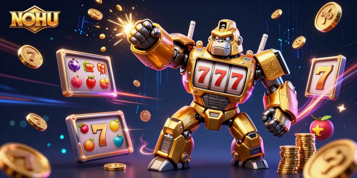 Engage with NOHU's thrilling 3D slot game experience featuring a golden gorilla mech and vibrant casino elements.