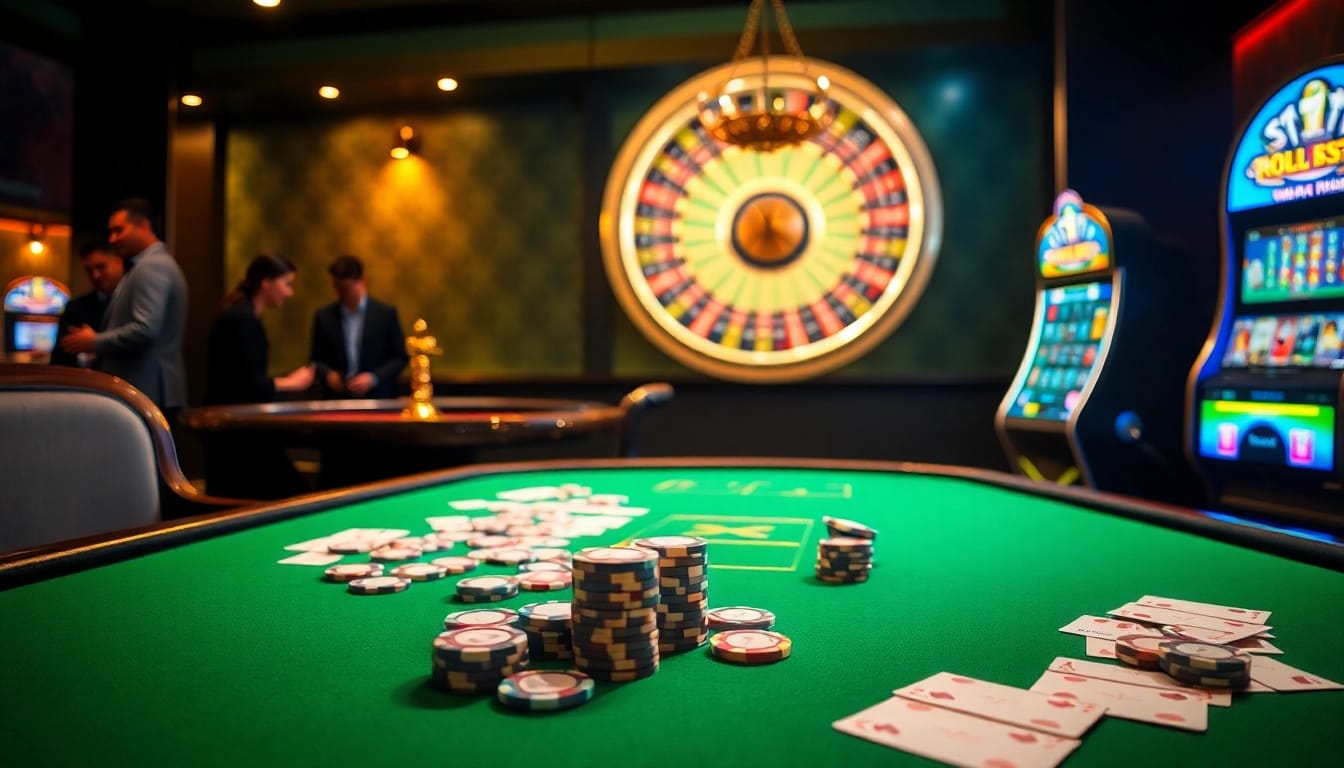 Exciting casino scene with kkwin branding on poker chips and roulette wheel.