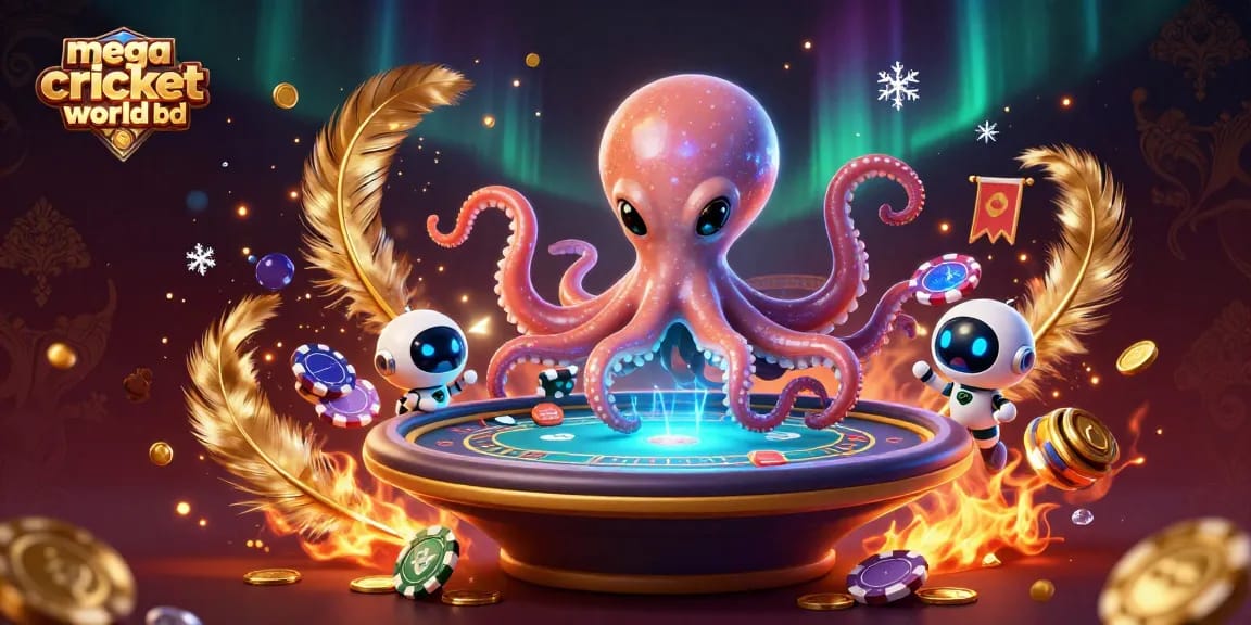 Experience mega cricket world bd with an alien octopus at a holographic poker table in a vibrant casino galaxy.
