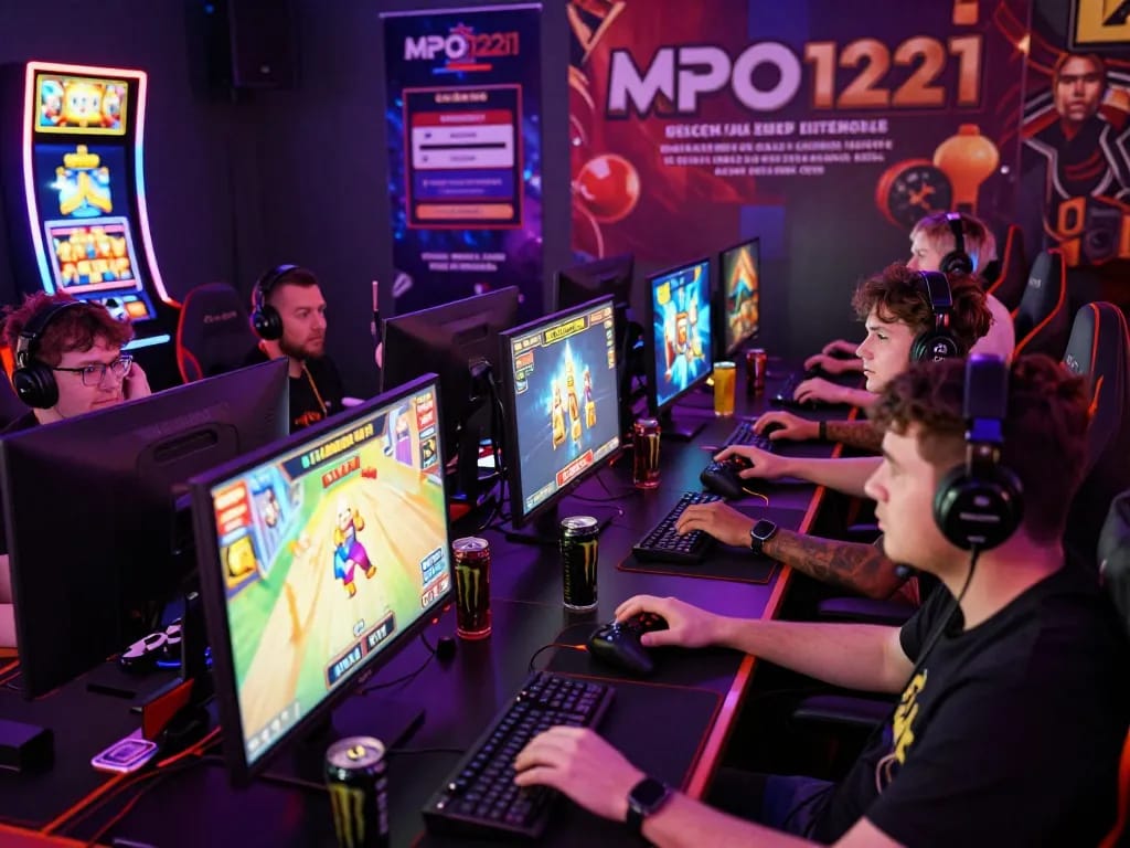 Pemain yang tenggelam dalam slot online MPO1221, menampilkan suasana permainan yang menarik dengan lampu yang cerah dan peralatan permainan.