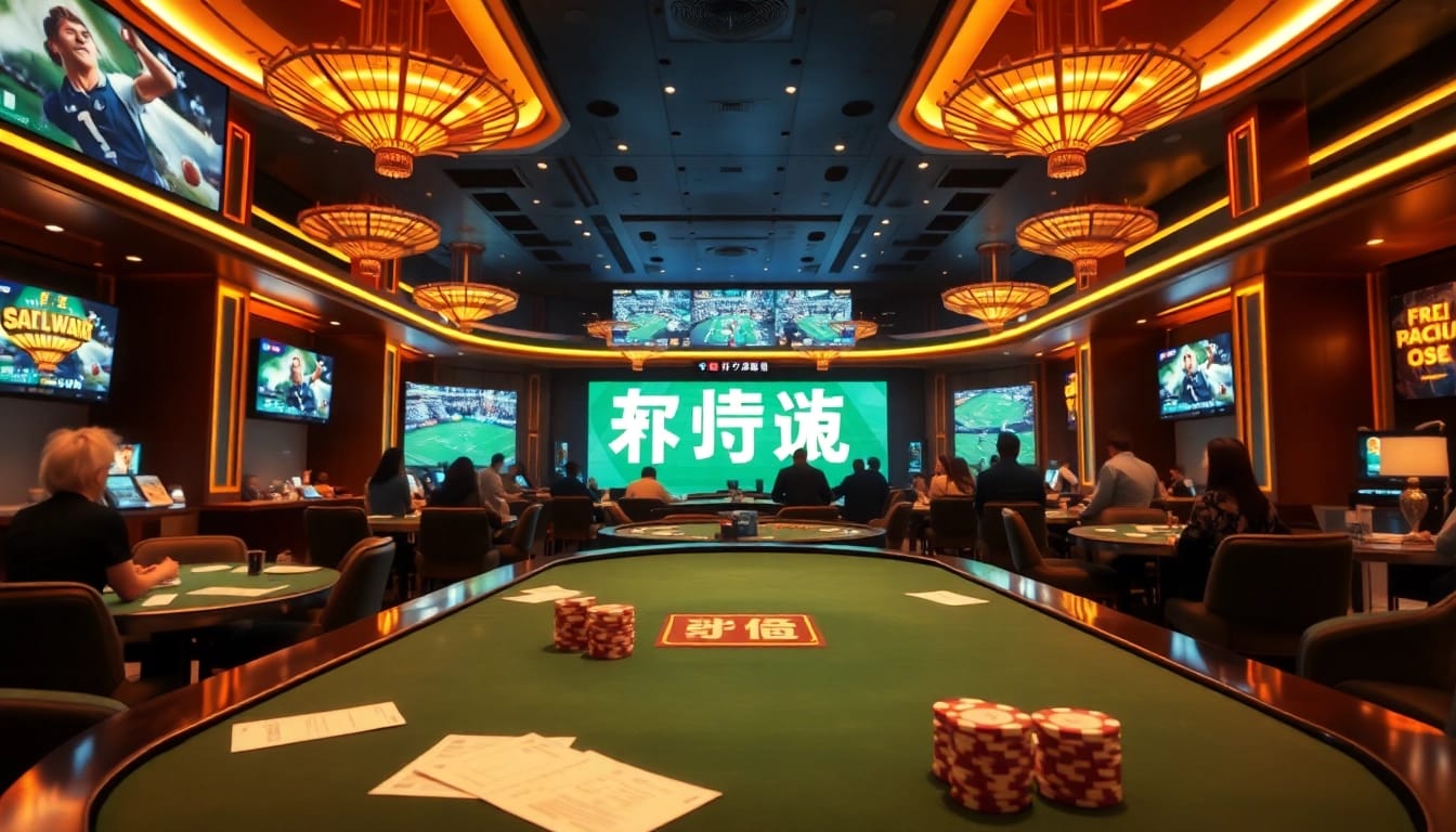 Experience thrilling แทงบอล action in a luxurious betting lounge with vibrant screens, slips, and poker chips.