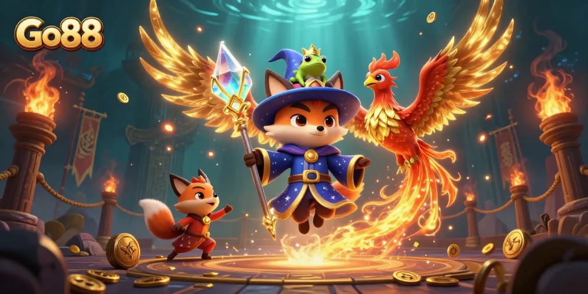 Engage in thrilling gameplay at Go88 with a vibrant mystical casino scene featuring a wizard fox and phoenix.