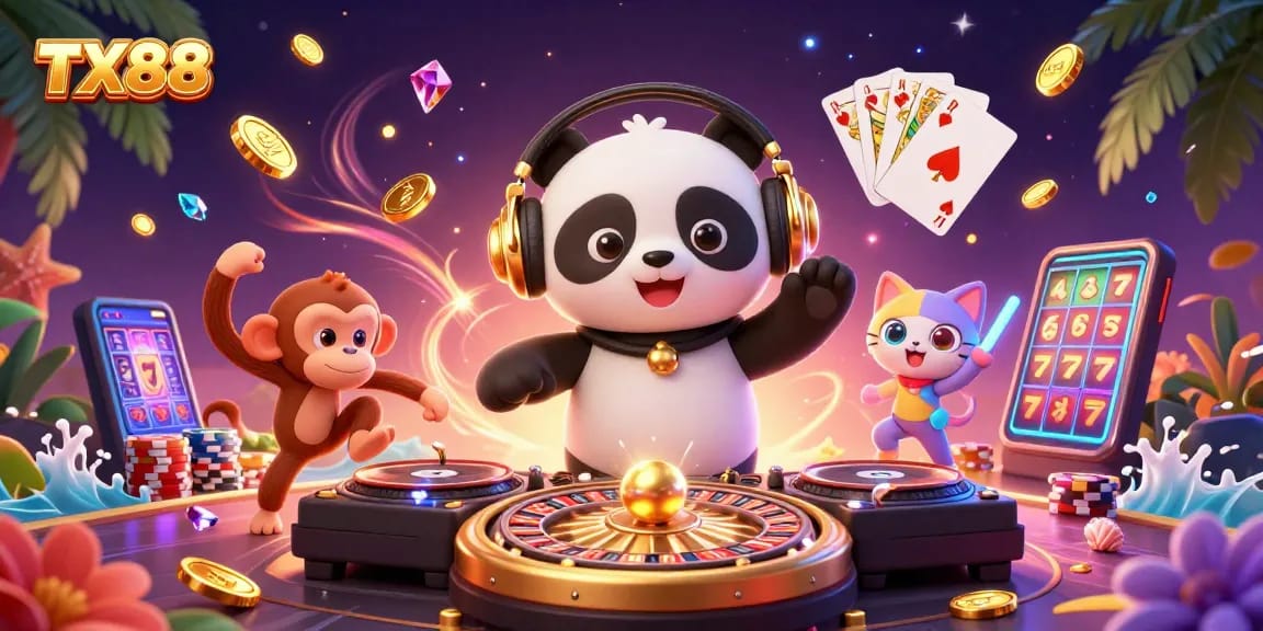 Experience the excitement of TX88 with a vibrant DJ panda and lively casino atmosphere.