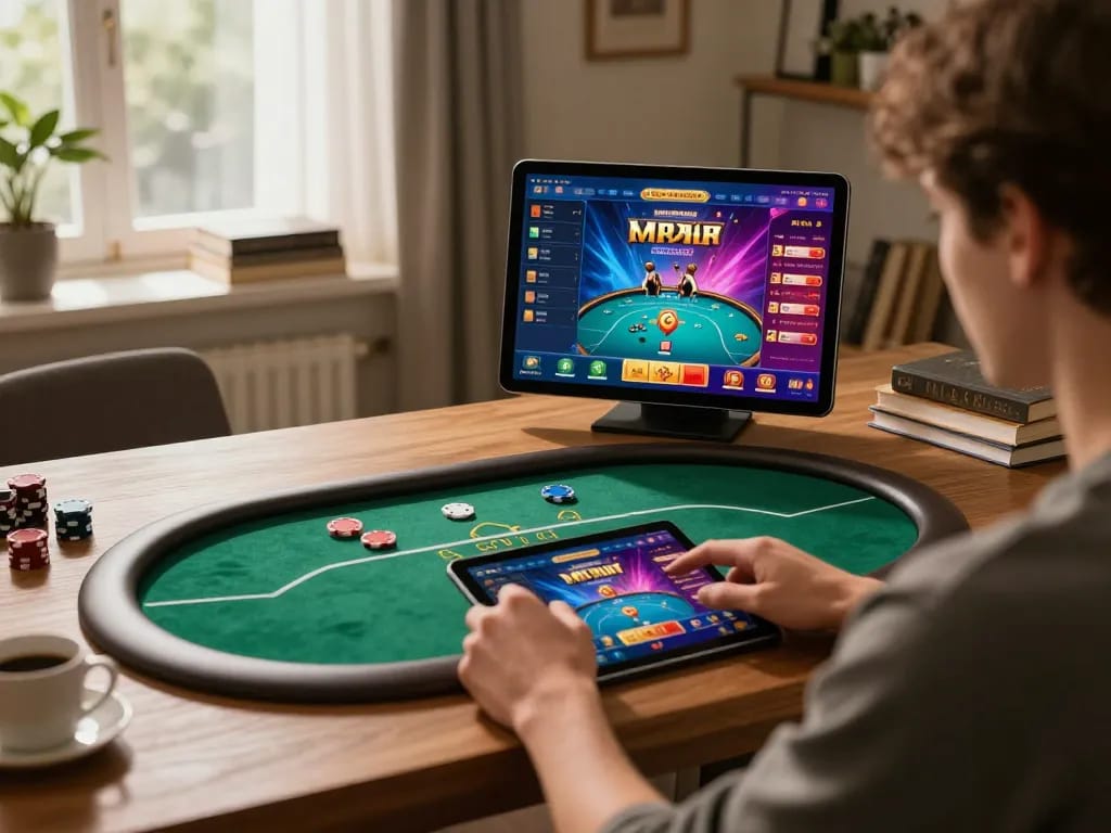 Engholmnds user enjoying online poker session with tablet and betting strategy notes in cozy setting