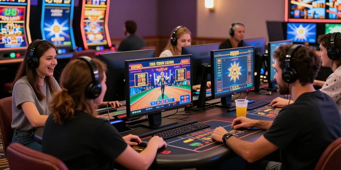 Exciting gaming atmosphere with players at new online casinos experiencing vibrant games and dynamic interactions.