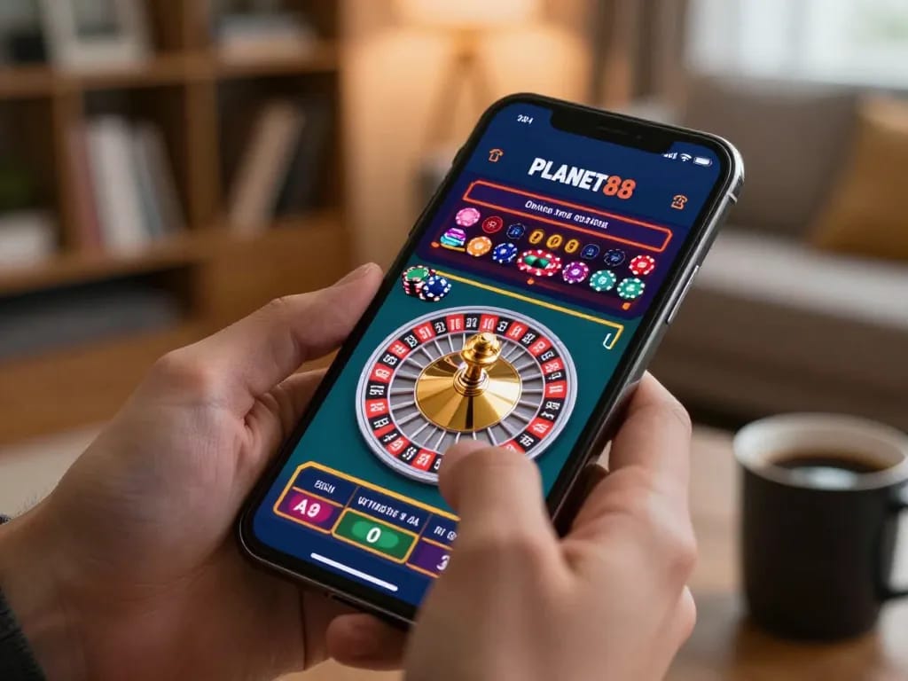 Engage with the PLANET88 app while playing roulette, showcasing interactive gameplay and a lively ambiance