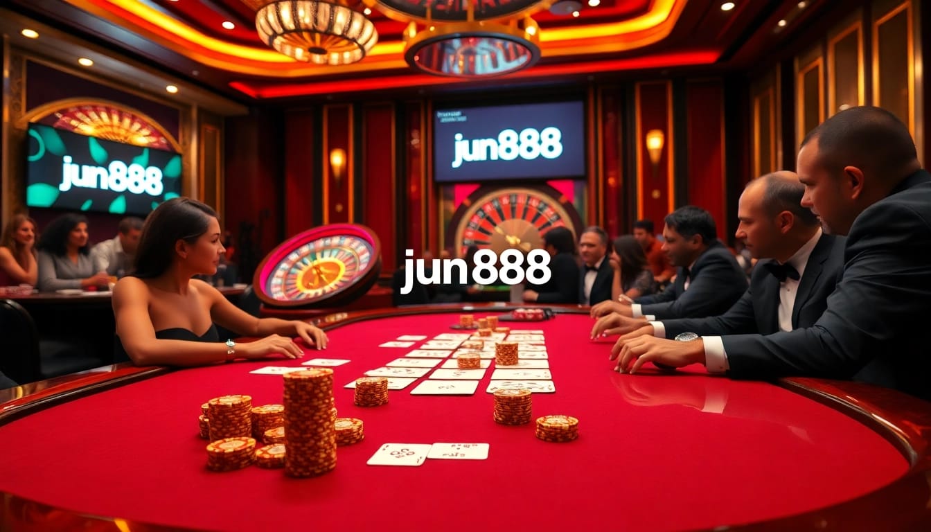 Players engaging in a thrilling poker game at jun888 casino, showcasing high-stakes excitement.