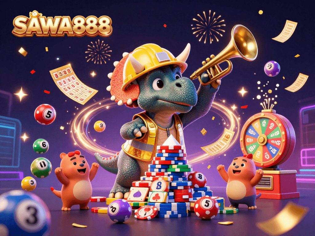 Engage with SAWA888's vibrant 3D illustration showcasing a triceratops building poker chip pyramid amidst a lively casino atmosphere.