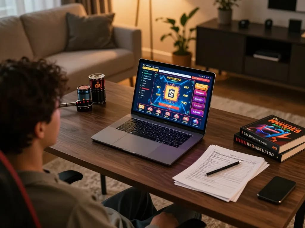 Canada online casinos engaging gameplay on a stylish laptop in a cozy home office