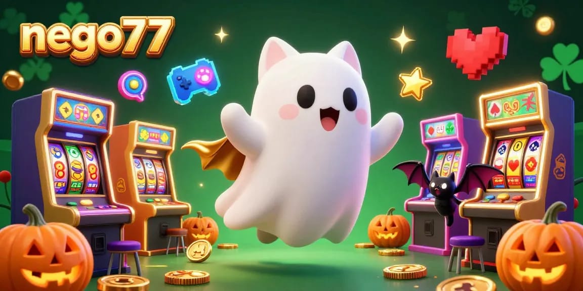 Nego77 reveals lively jackpot action with the playful ghost cat and vampire bat in a vibrant casino.
