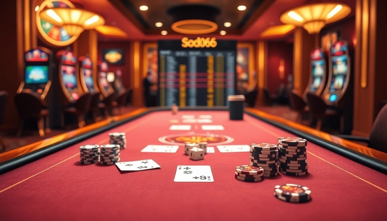 SODO66 online casino table with poker setup, featuring chips and dice, representing high-stakes gaming.