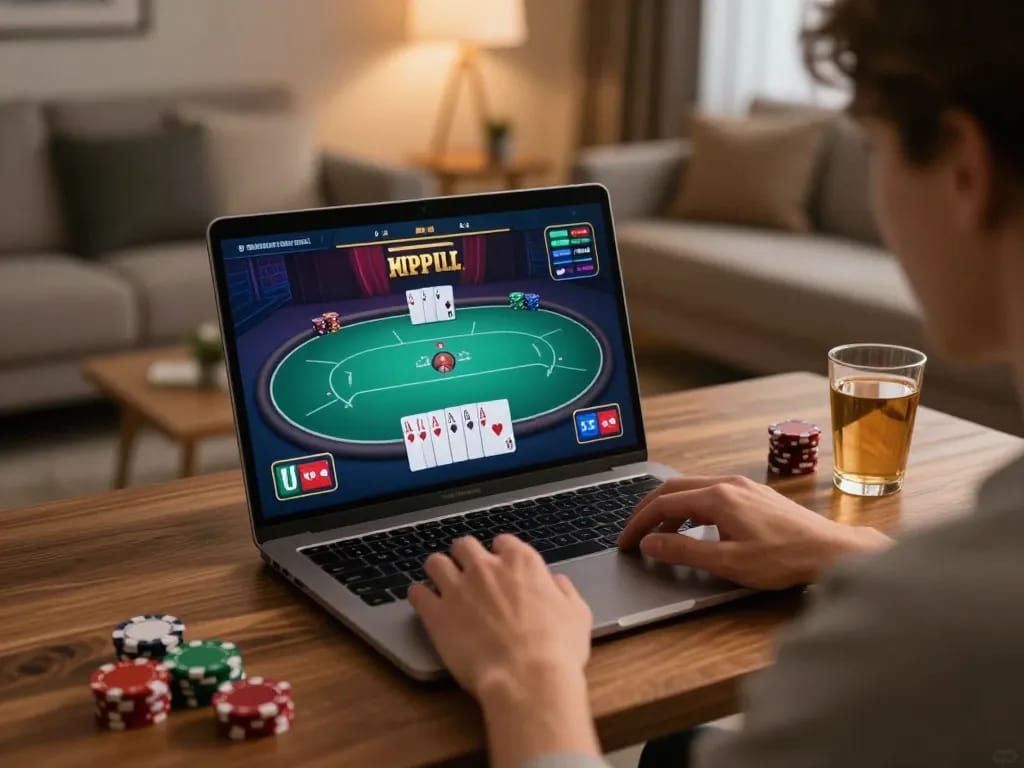 Player engaging in online poker gaming at 99ok in a cozy home setting.