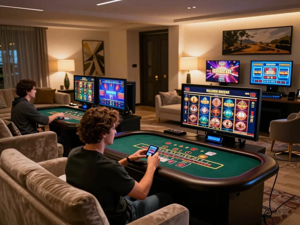 Engaging gameplay at an online crypto casino, player enjoying live dealer blackjack on smartphone, ambient luxury.