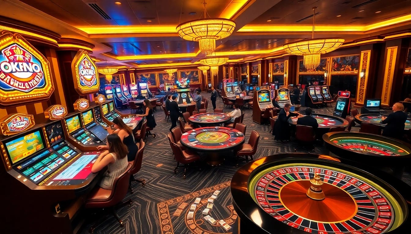 Experience an exciting game at OKFUN Casino with vibrant slot machines and engaging players.