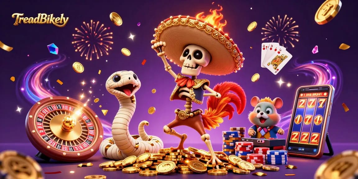 TreadBikely illustrates a vibrant casino scene with a dancing skeleton rooster and a DJ hamster amidst golden coins and sparkling gems