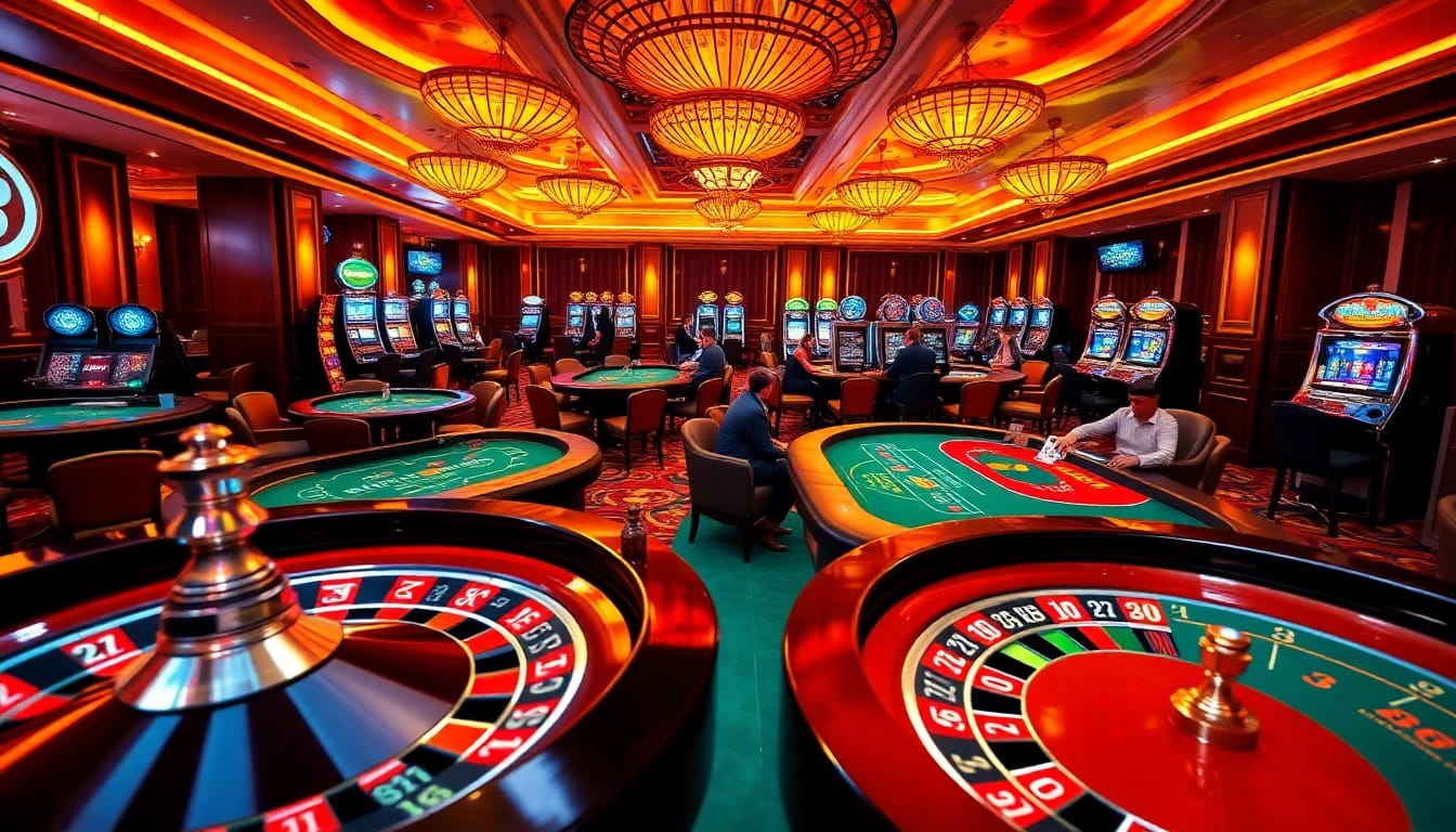 BK8 casino scene showcasing players engaging at roulette and poker tables in an exhilarating atmosphere.