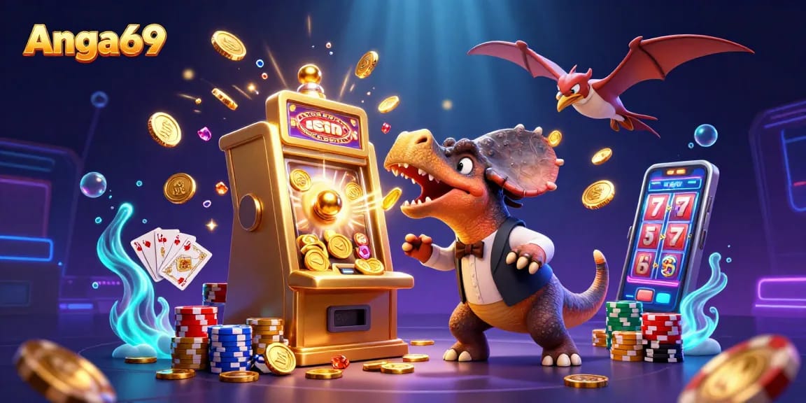 Angka69 excels in casino fun with a pachycephalosaurus jackpot scene in a vibrant environment.