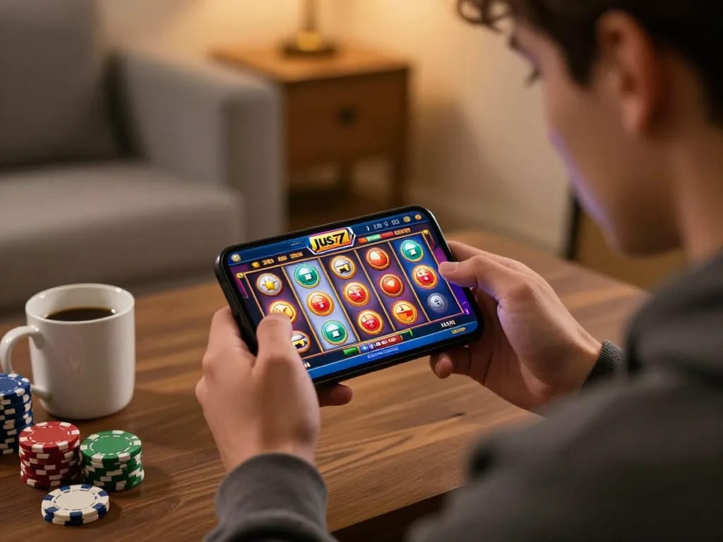 Engaging with jus77 slot games on a smartphone in a cozy home setting, highlighting winning gameplay.