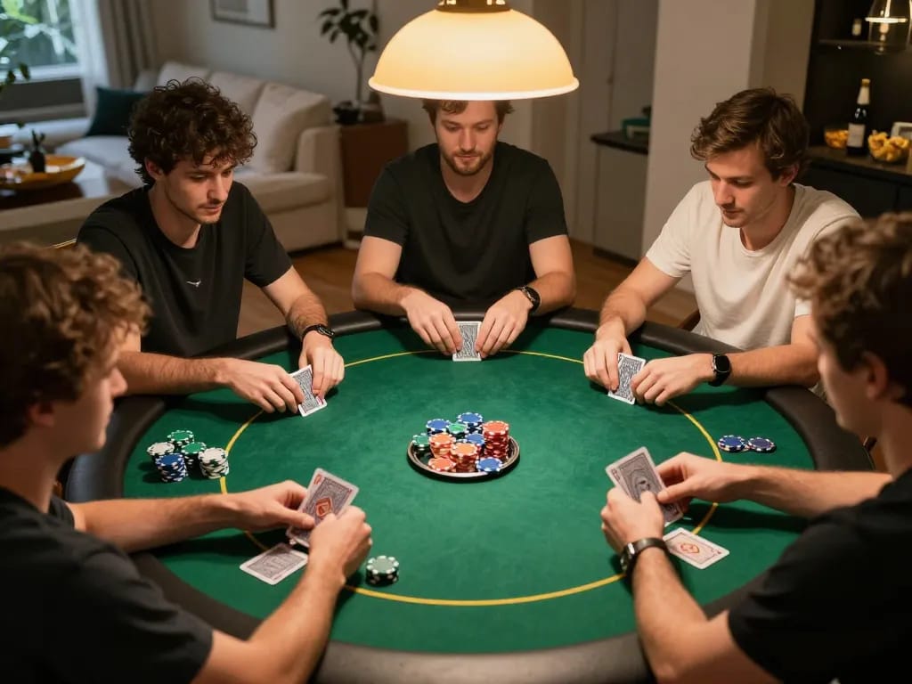 IWIN68 casino players enjoying a lively home poker night with focused gameplay and friendly competition