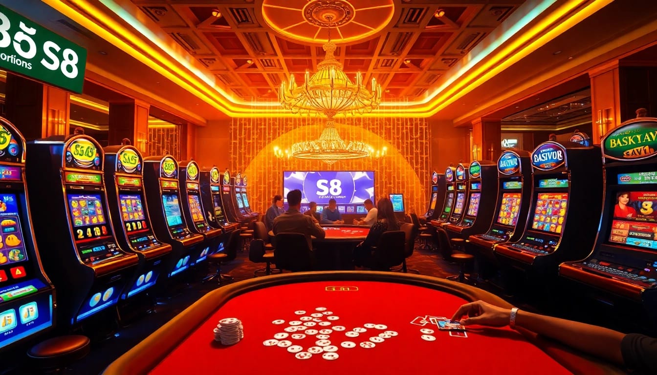 S8 players engage in a thrilling casino atmosphere at poker and blackjack tables, highlighting exclusive promotions.